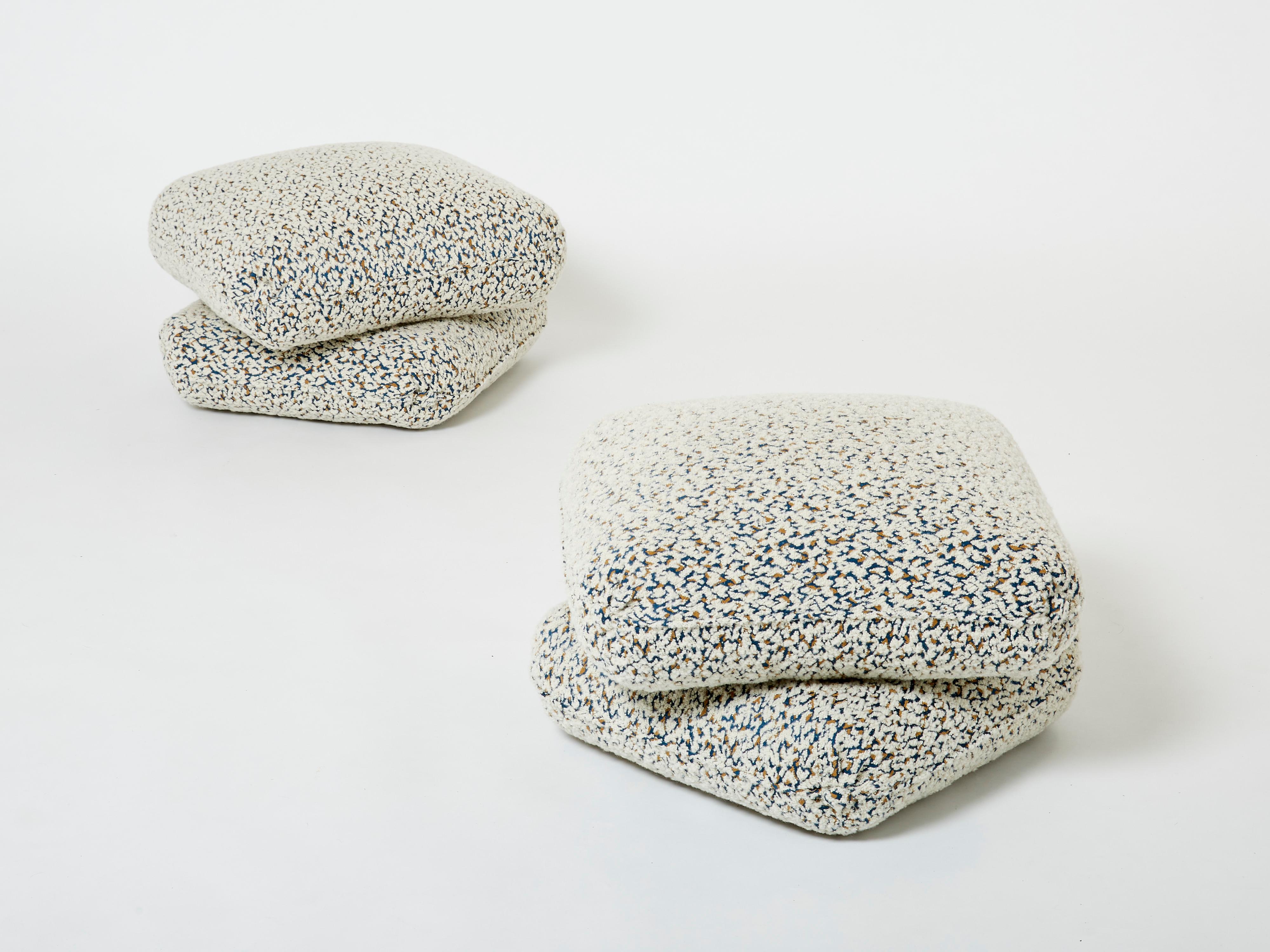 Jacques Charpentier Pair of Ottomans Stools Alpaca Bouclé Maison Jansen, 1970s For Sale 3