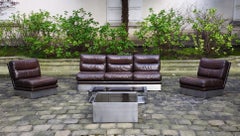 Jacques Charpentier sofa and 2 armchairs, leather and stainless steel France 70s