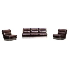 Jacques Charpentier sofa and 2 armchairs, leather and stainless steel France 70s