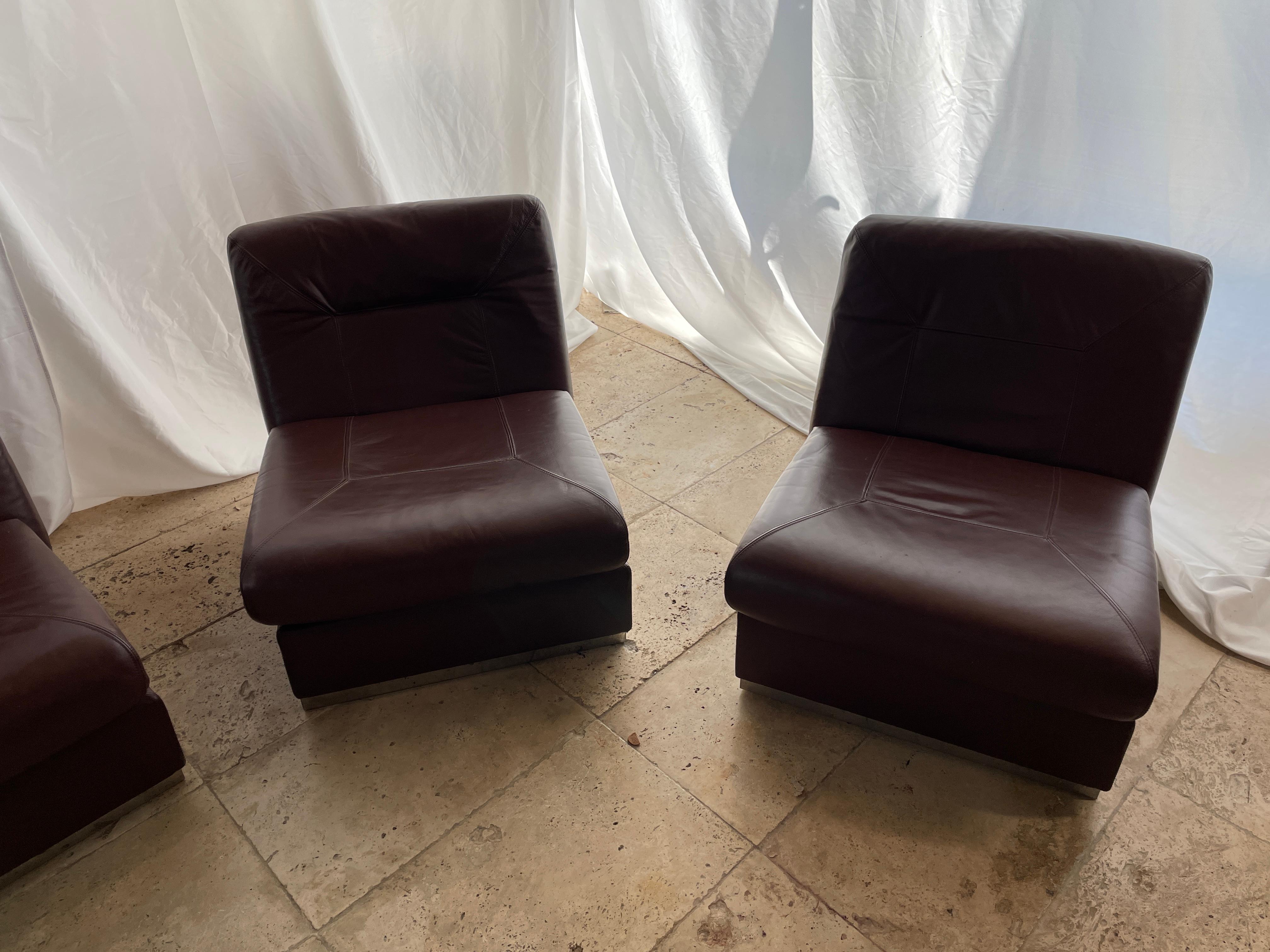Mid-Century Modern Jacques Charpentier Style, Living Room Brown Leather Set