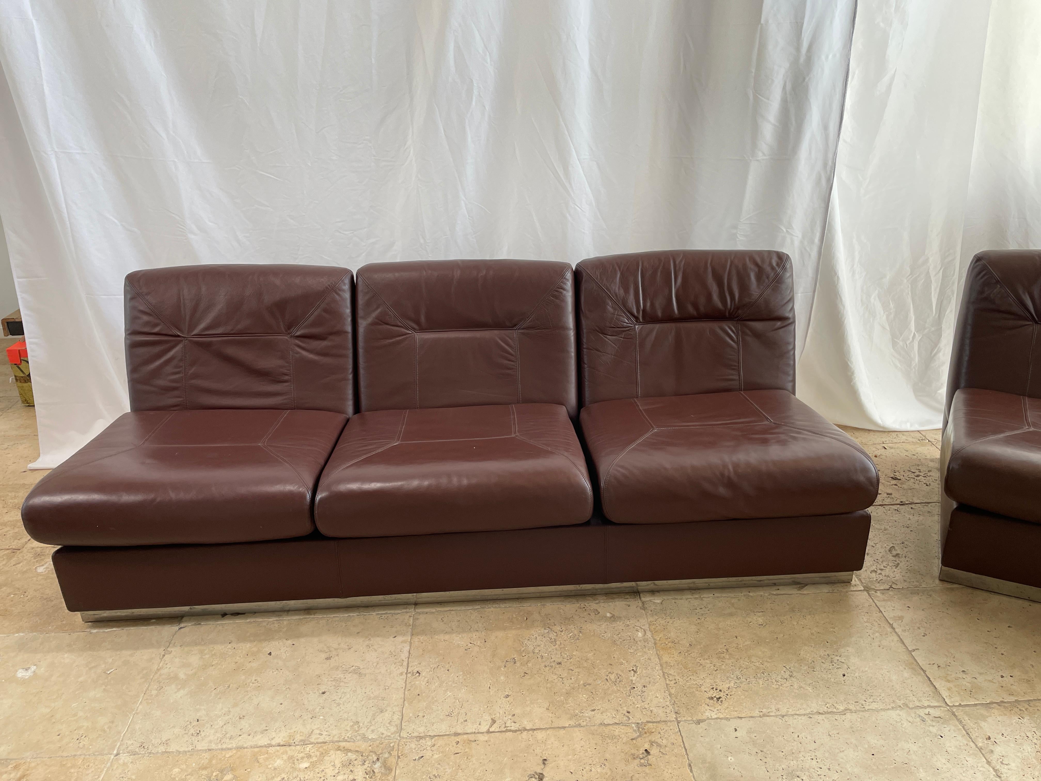 French Jacques Charpentier Style, Living Room Brown Leather Set
