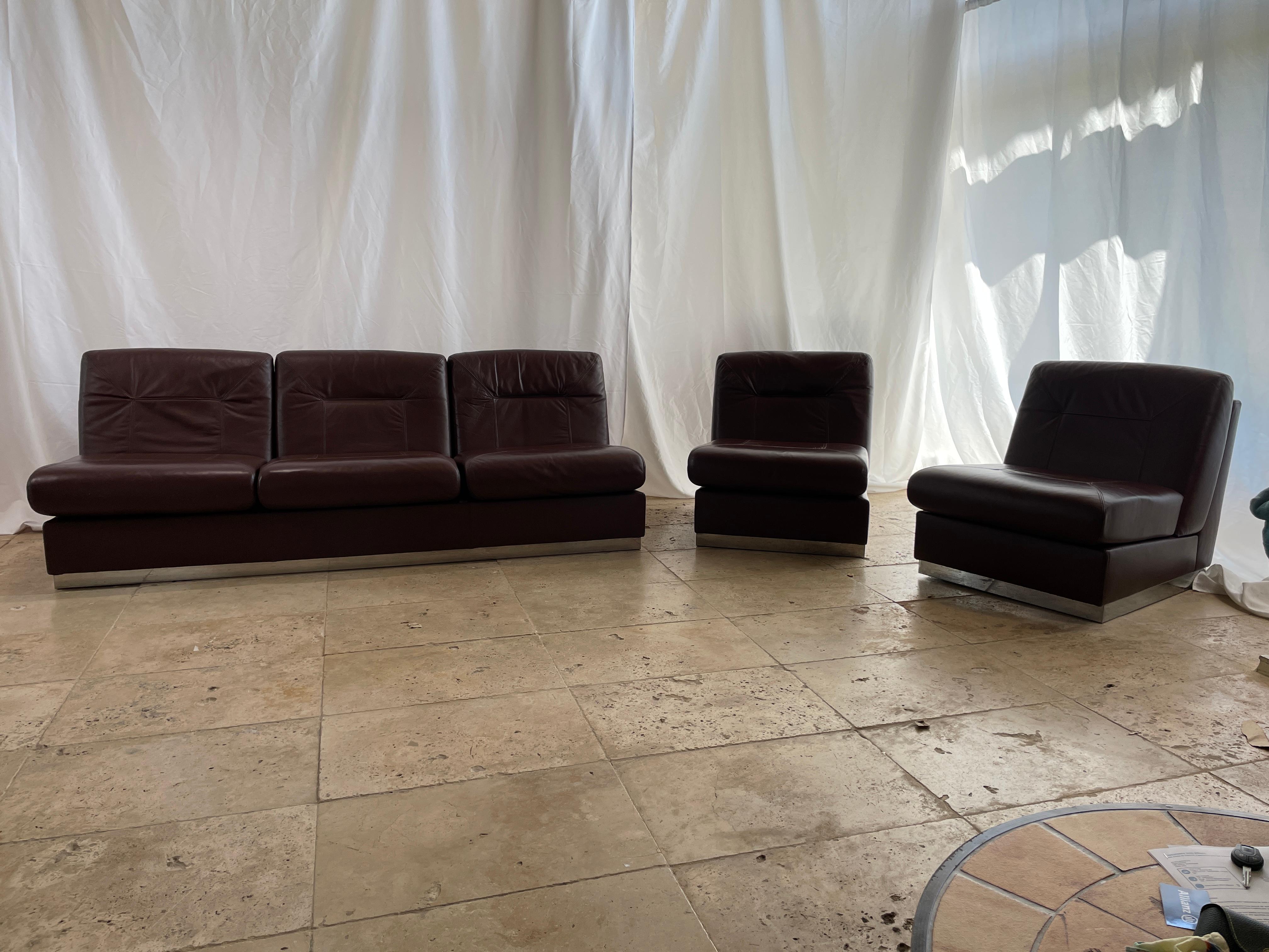 Jacques Charpentier Style, Living Room Brown Leather Set In Fair Condition In Malibu, US