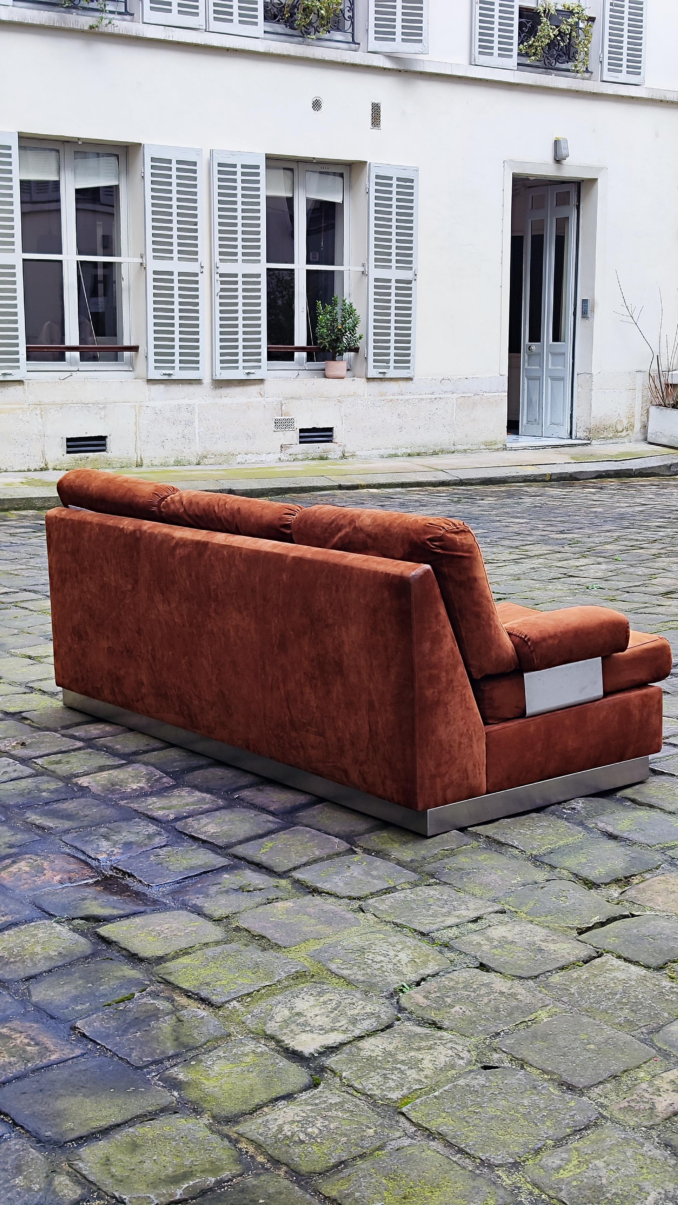 Jacques Charpentier suede and steel sofa, 1970s - France For Sale 3