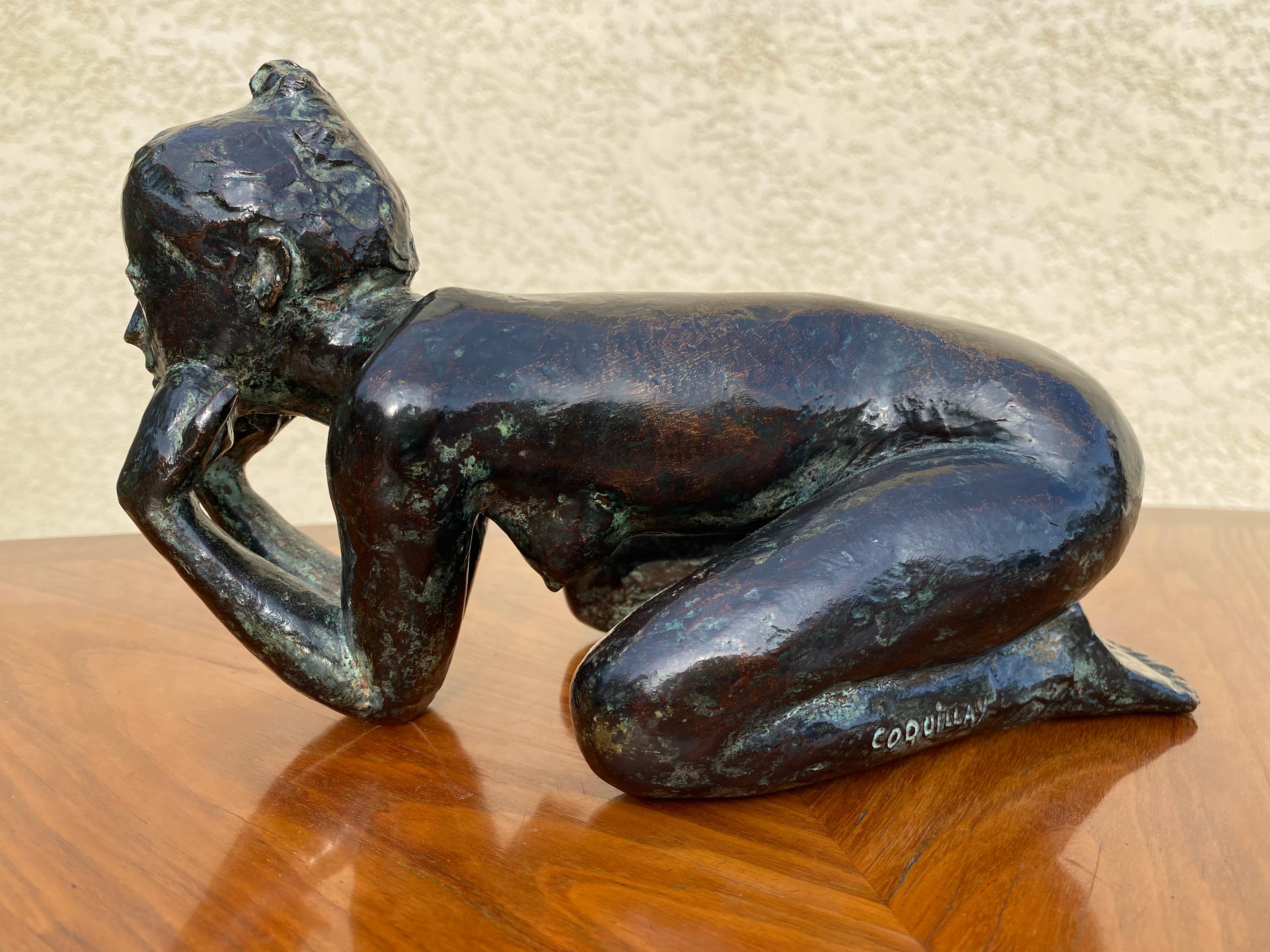 Bronze by Jacques Coquillay representing a naked young woman kneeling and leaning on her elbows with her head resting on her hands. Limited edition 7/8.
Artist - Jacques Coquillay born in 1935, French sculptor.