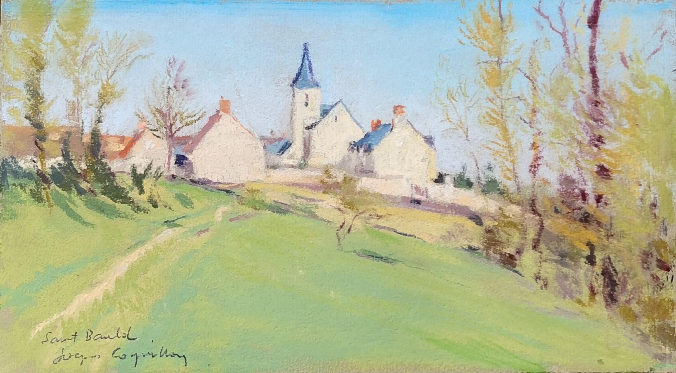Un dibujo al pastel absolutamente precioso de un paisaje con pueblo e iglesia, firmado a lápiz 