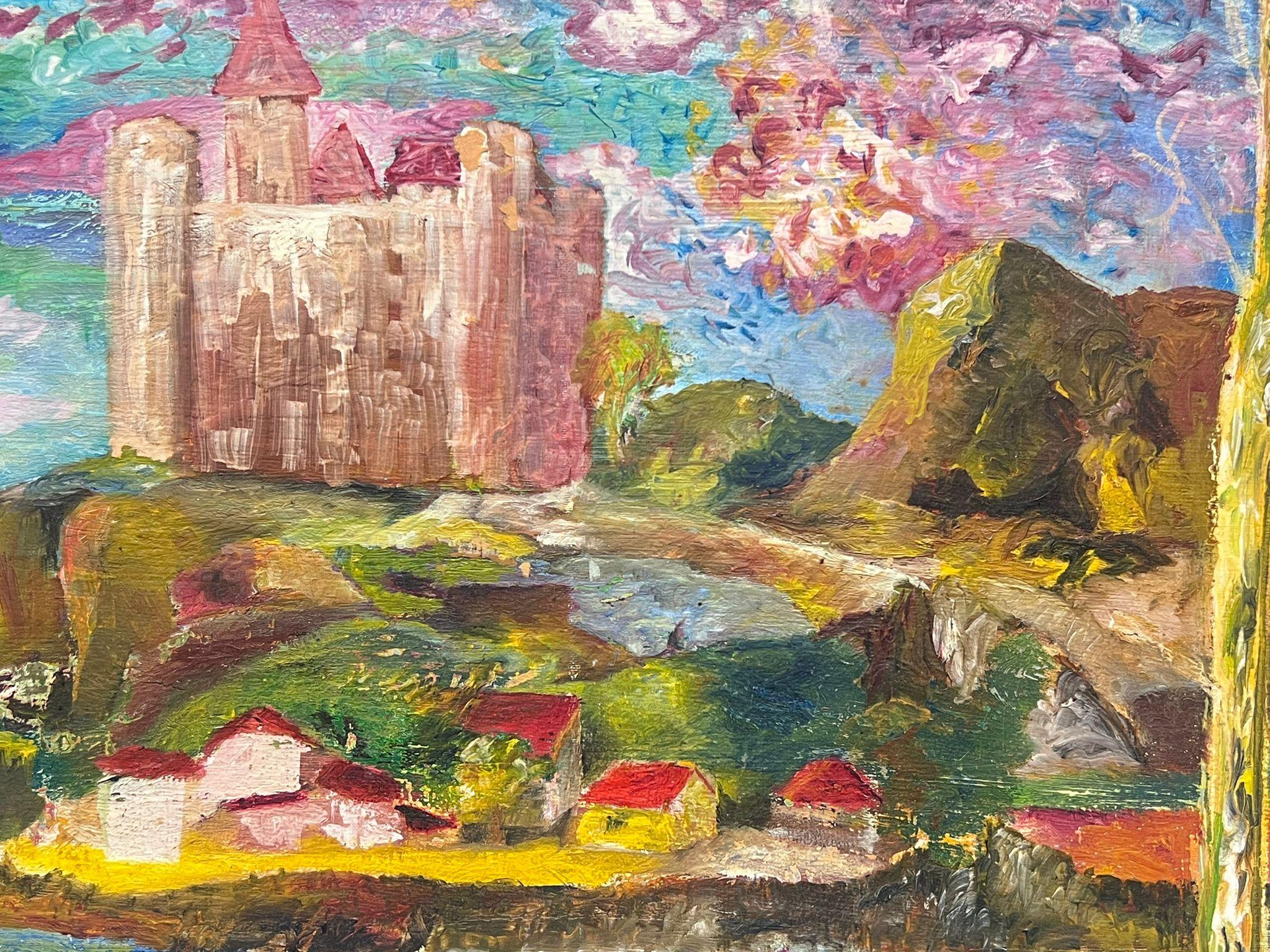 French Expressionist Fantasy Landscape Pink Castle Over Magical Village - Painting by Jacques Coulais (1955-2011)