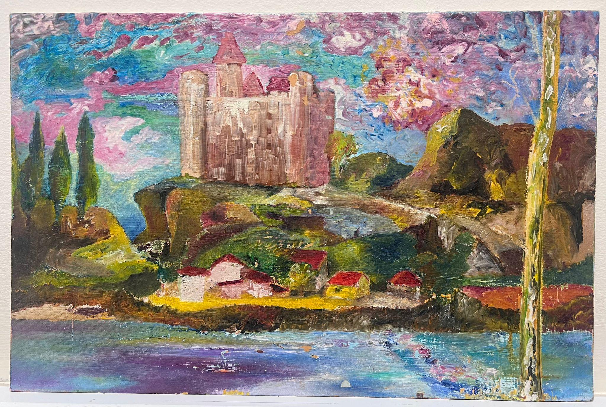 French Expressionist Fantasy Landscape Pink Castle Over Magical Village - Abstract Impressionist Painting by Jacques Coulais (1955-2011)