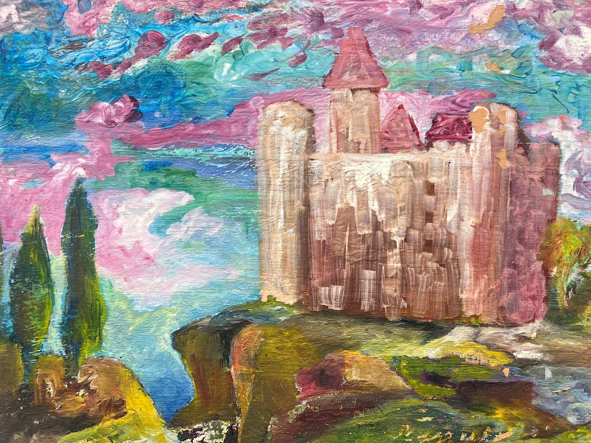 French Expressionist Fantasy Landscape Pink Castle Over Magical Village For Sale 1