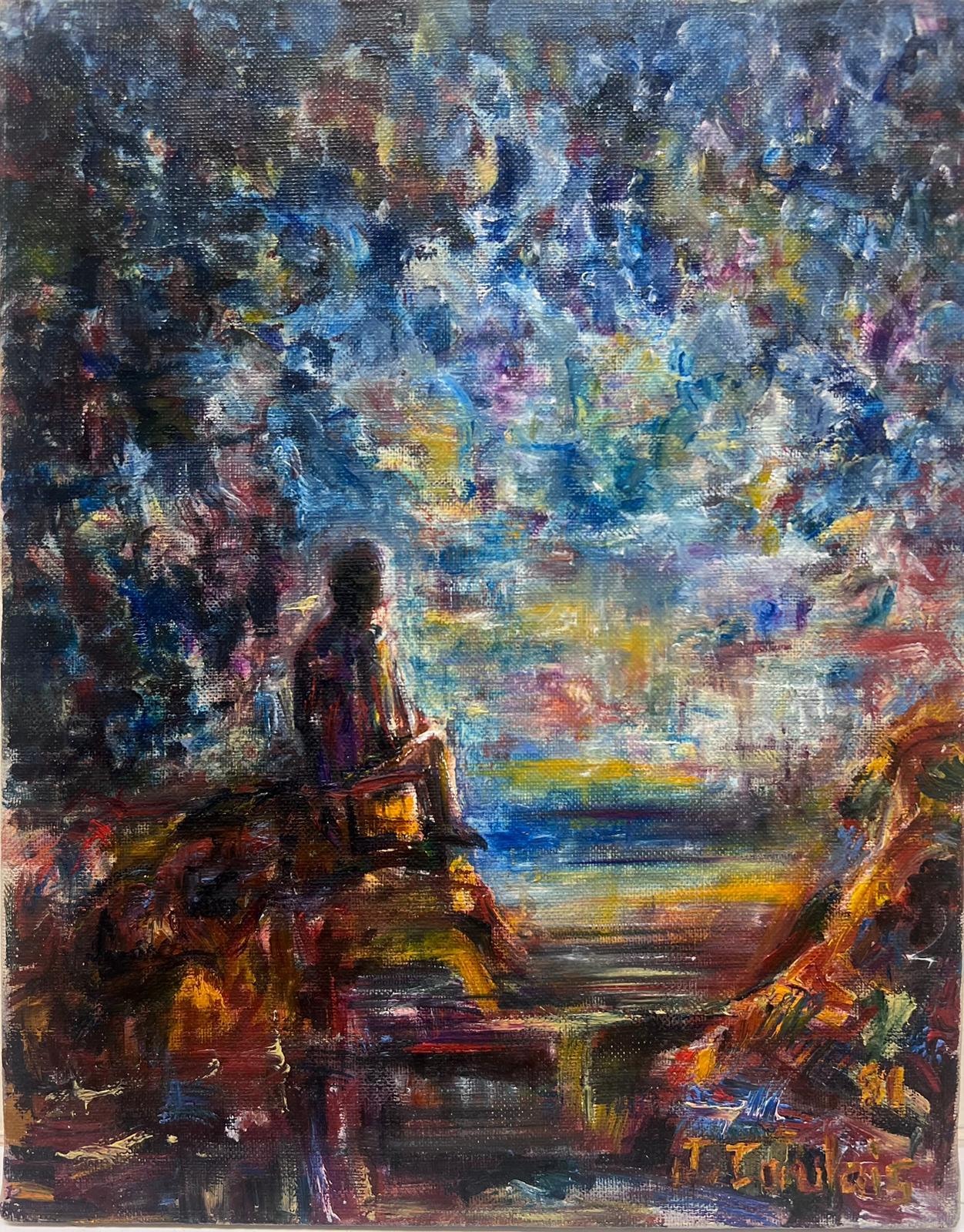 Jacques Coulais (1955-2011) Landscape Painting - French Expressionist Figure Gazing Into The Sunset Reflection Studio Provenance