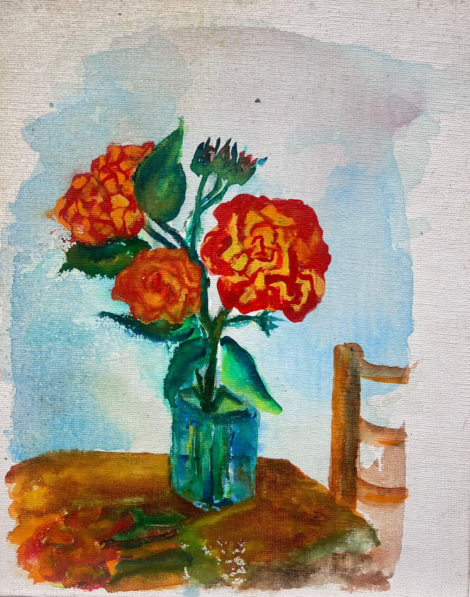 Jacques Coulais (1955-2011) Still-Life Painting - French Expressionist Red Roses In Green Vase