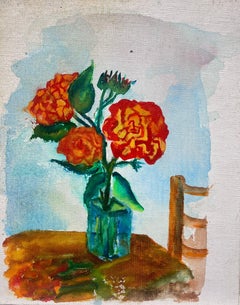 French Expressionist Red Roses In Green Vase