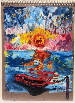 French Expressionist Sunset Over Sea Boat Painting Artists Studio Provenance