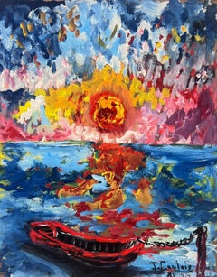 Peinture expressionniste française Coucher de soleil sur la mer Bateau Studio d'artistes Provenance