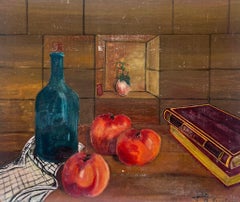 Vintage French Interior Kitchen Scene Tomatoes Books and Glass Bottle French Painting