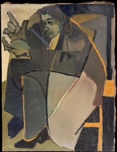1950's French Cubist Seated Figure Reading Newspaper Modernist Interior Painting