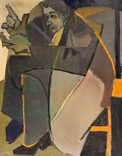 1950's French Cubist Seated Figure Reading Newspaper Modernist Interior Painting