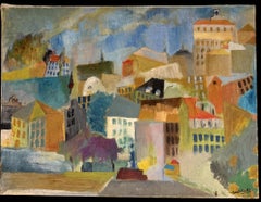 1950's French Modernist Cityscape Colourful Architectural Landscape Oil Painting