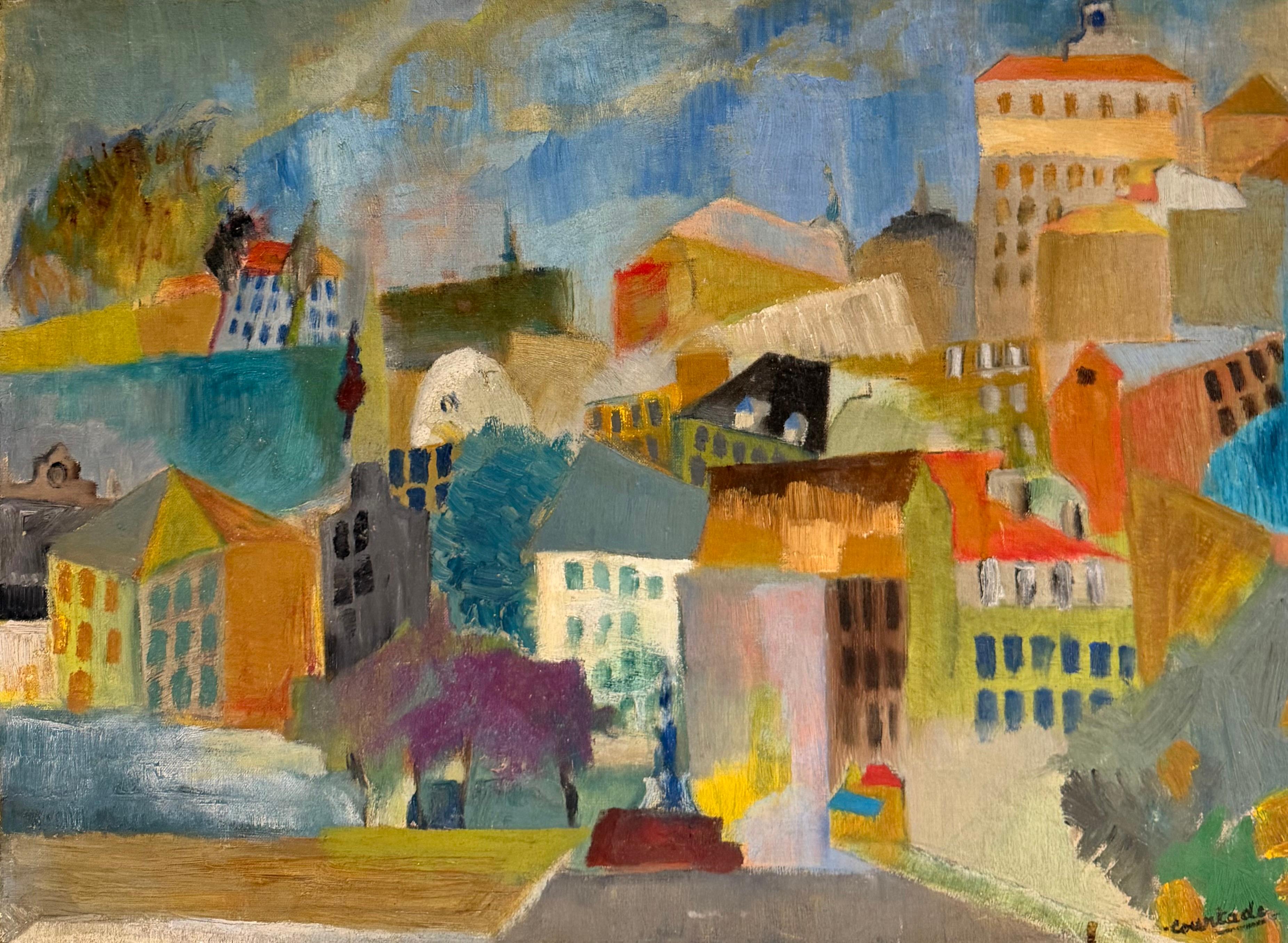 1950's French Modernist Cityscape Colourful Architectural Landscape Oil Painting