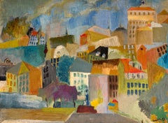 1950's French Modernist Cityscape Colourful Architectural Landscape Oil Painting