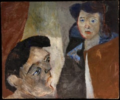 Kubistisches abstraktes Porträt mit Gesichtern in Graublau, Ölgemälde, französisch, 1960er Jahre