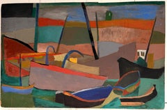Französisches Ölgemälde im Stil der Moderne: Hafenansicht mit Booten, farbenfrohes Küstenbild, 1950er Jahre