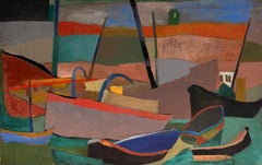 Französisches Ölgemälde im Stil der Moderne: Hafenansicht mit Booten, farbenfrohes Küstenbild, 1950er Jahre