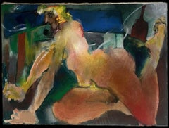 Large 1960's French Expressionist Modernist Oil Painting Nude Woman Posing