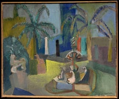 Mid-20th Century French Cubist Garden Oil Painting, Framed and Signed