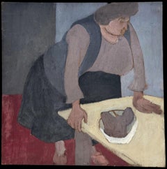 Post-Impressionist French Oil Painting of Woman in Kitchen, Mid-20th Century