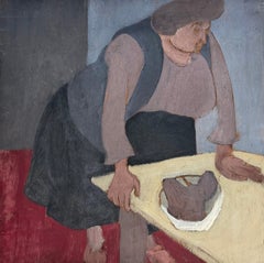 Post-Impressionist French Oil Painting of Woman in Kitchen, Mid-20th Century