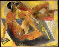 Reclining Nude Figures French Modernist Figurative Signed Oil Painting 1981