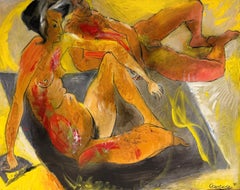 Reclining Nude Figures French Modernist Figurative Signed Oil Painting 1981