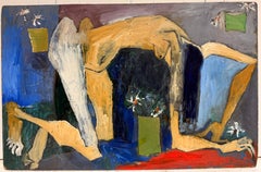 Seated Nude Artist’s Model with Flowers Modernist Oil Painting Cubist
