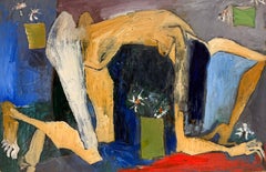 Seated Nude Artist’s Model with Flowers Modernist Oil Painting Cubist