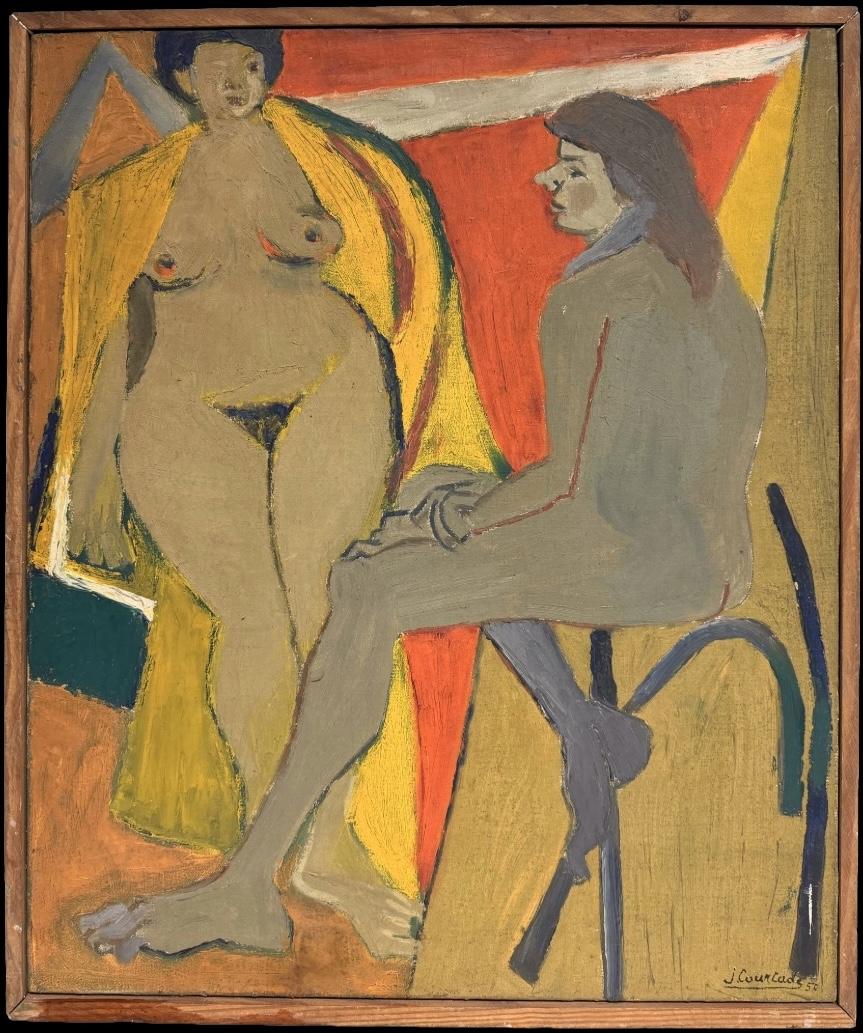 Figurative Painting di Jacques Courtade  - "I modelli degli artisti", dipinto a olio francese, post-impressionista, incorniciato, 1950