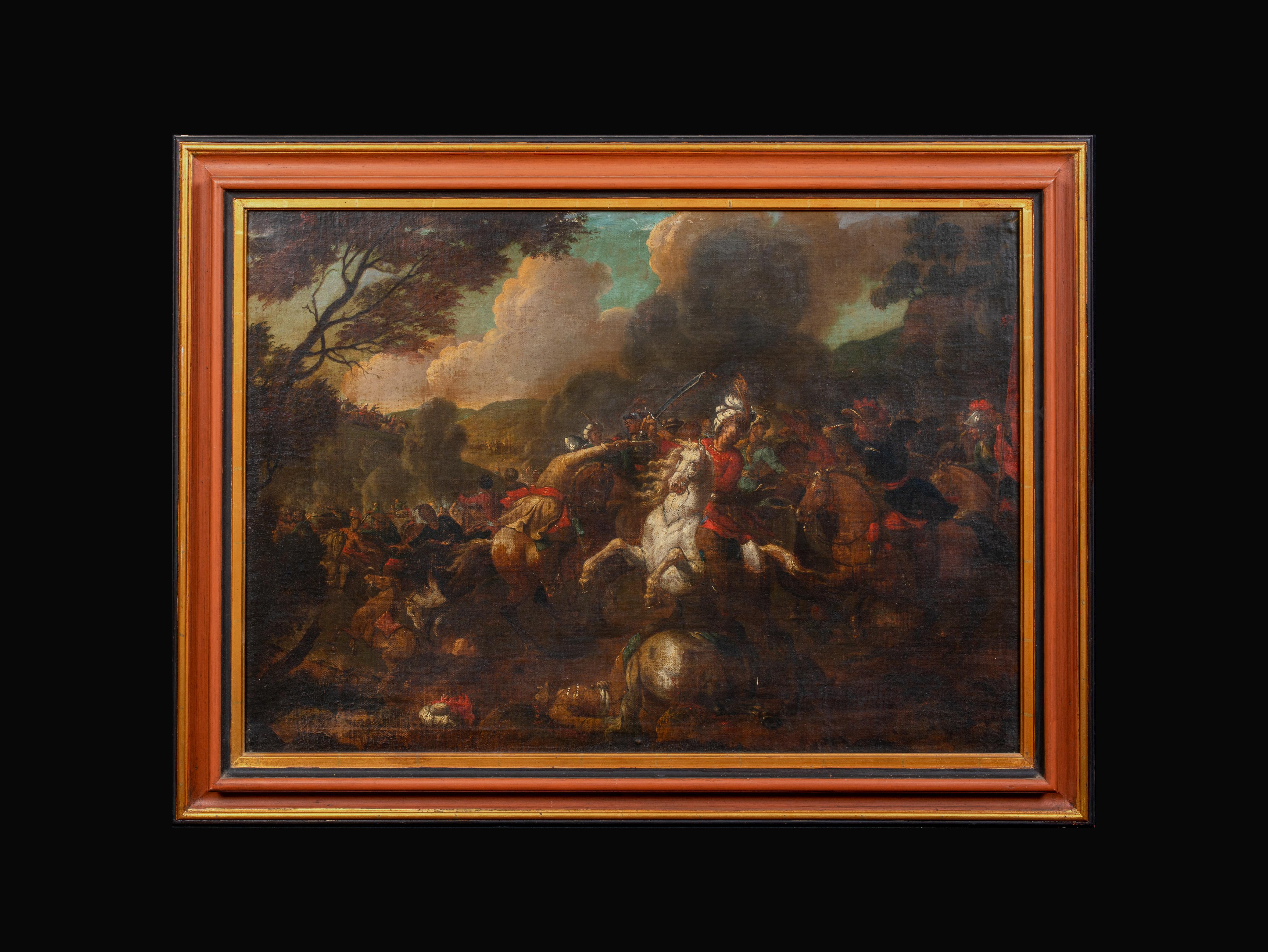 Battaglia di cavalleria Turchi Flagellazione di Cristo, XVII secolo  Scuola di italiano - Landscape Painting Nero di Jacques Courtois