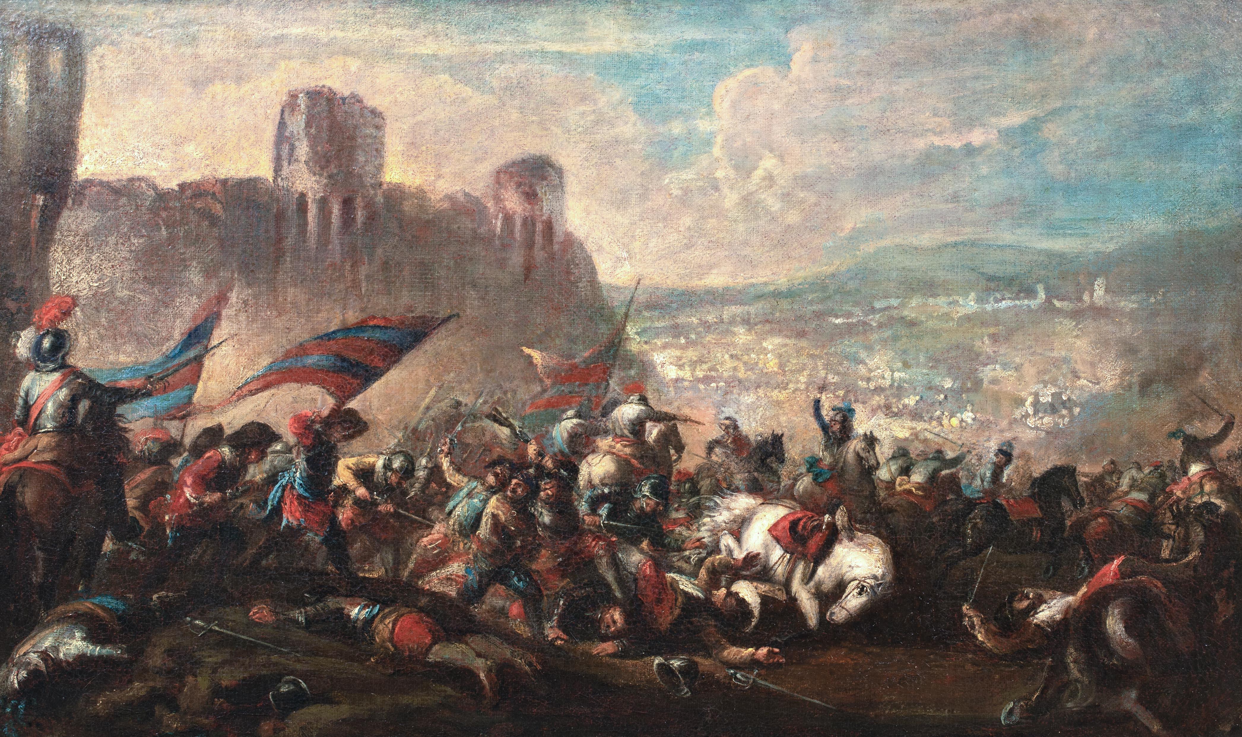 Die Schlacht bei Nördlingen (1634), Dreißigjähriger Krieg, 17. Jahrhundert

Kreis von Jacques COURTOIS (1621-1676)

Großes europäisches Altmeistergemälde aus dem 17. Jahrhundert mit der Schlacht bei Nördlingen aus dem Dreißigjährigen Krieg, Öl auf