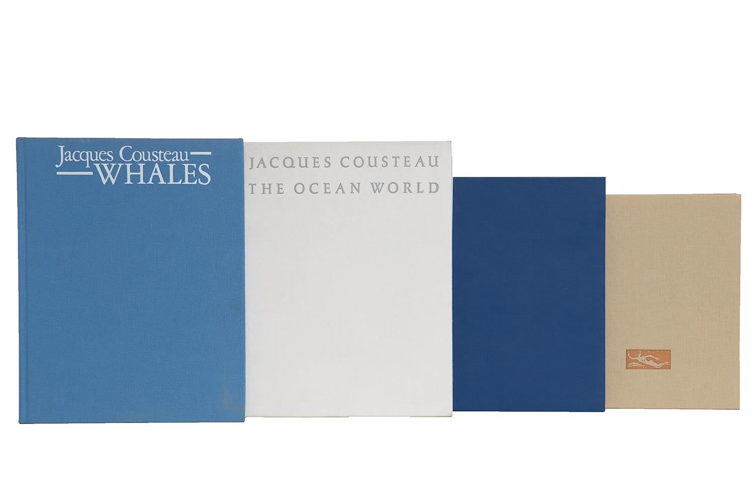 Features a blend of four authentic retro books published, 1963-1989. Includes a variety of nautical themed selections in blue, cream, and white. Featuring Jacques Cousteau and his ocean adventures. Decorative books in moderate overall wear suitable