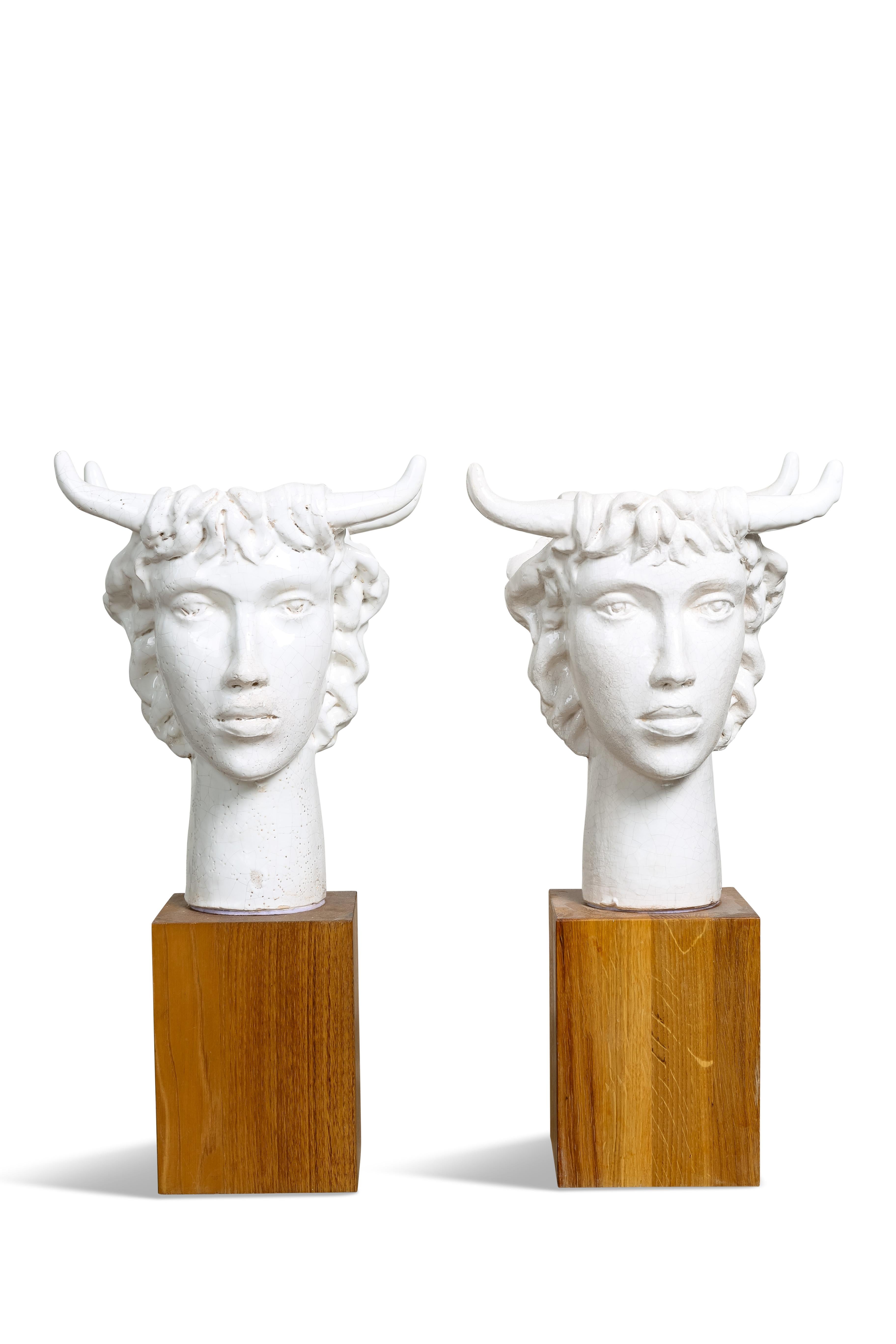 Neoclassical Revival Jacques Darbaud Spectacular Pair of Janus Ceramic Lamps For Sale