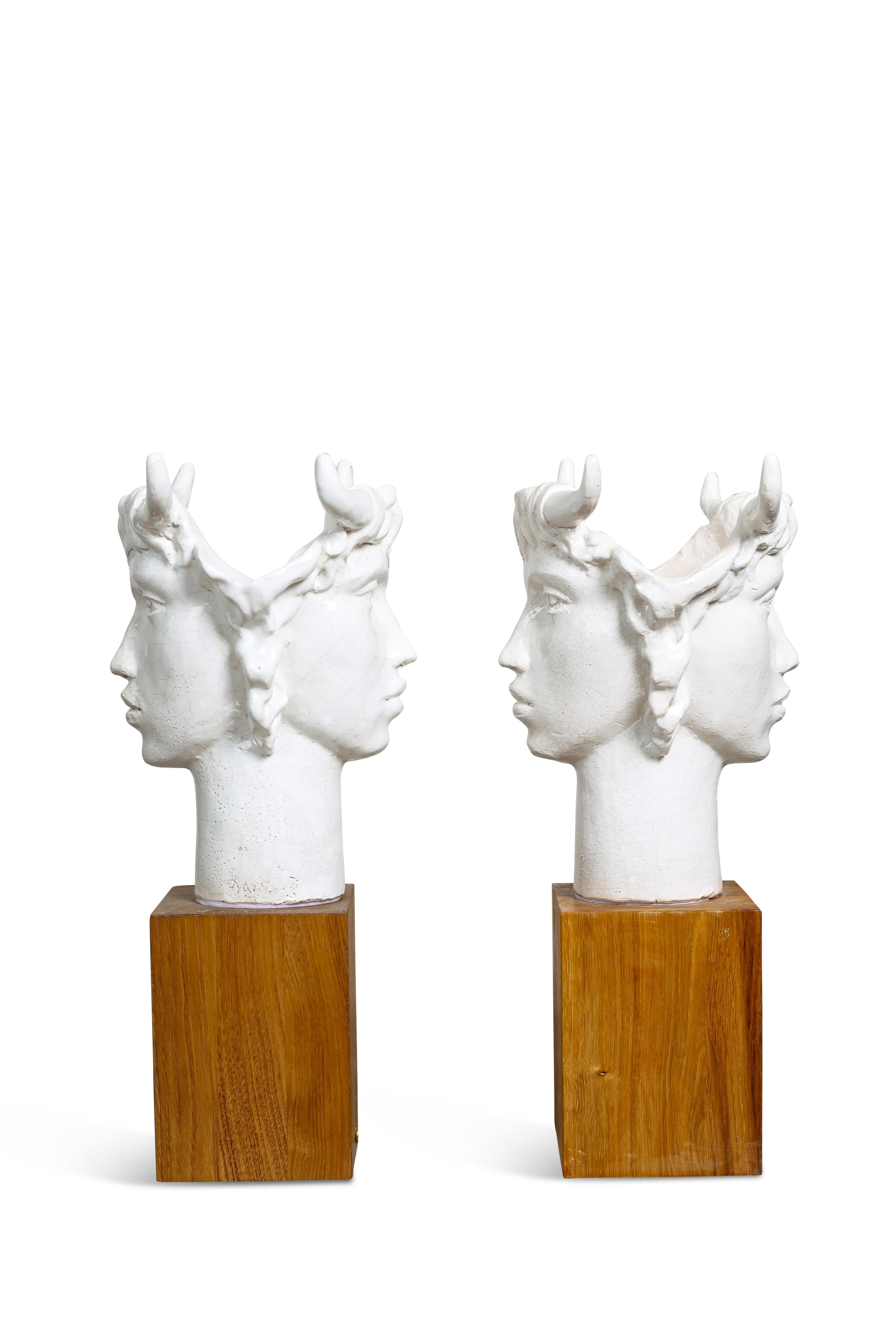 French Jacques Darbaud Spectacular Pair of Janus Ceramic Lamps For Sale