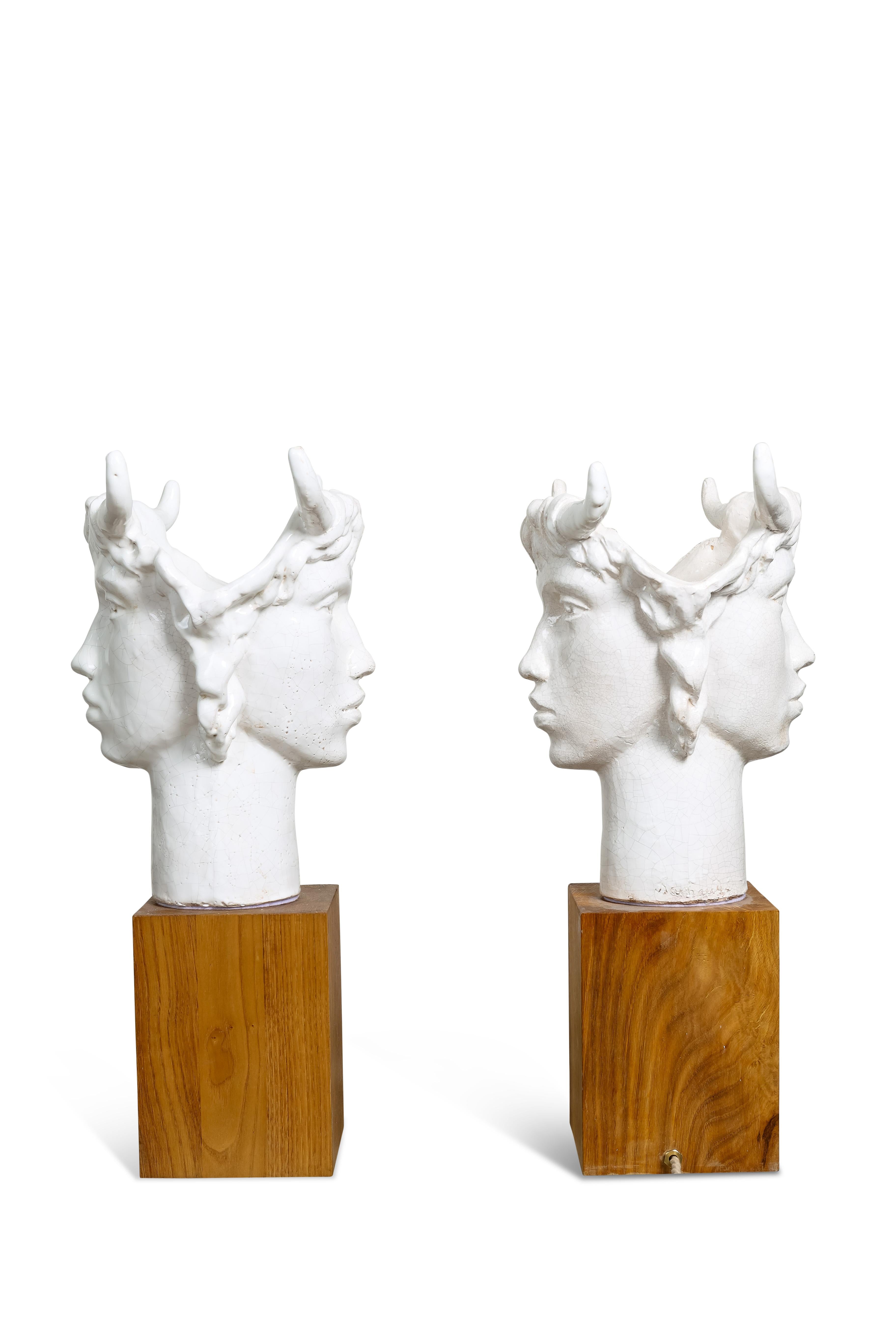 Jacques Darbaud Spectacular Pair of Janus Ceramic Lamps In Excellent Condition For Sale In Jersey City, NJ