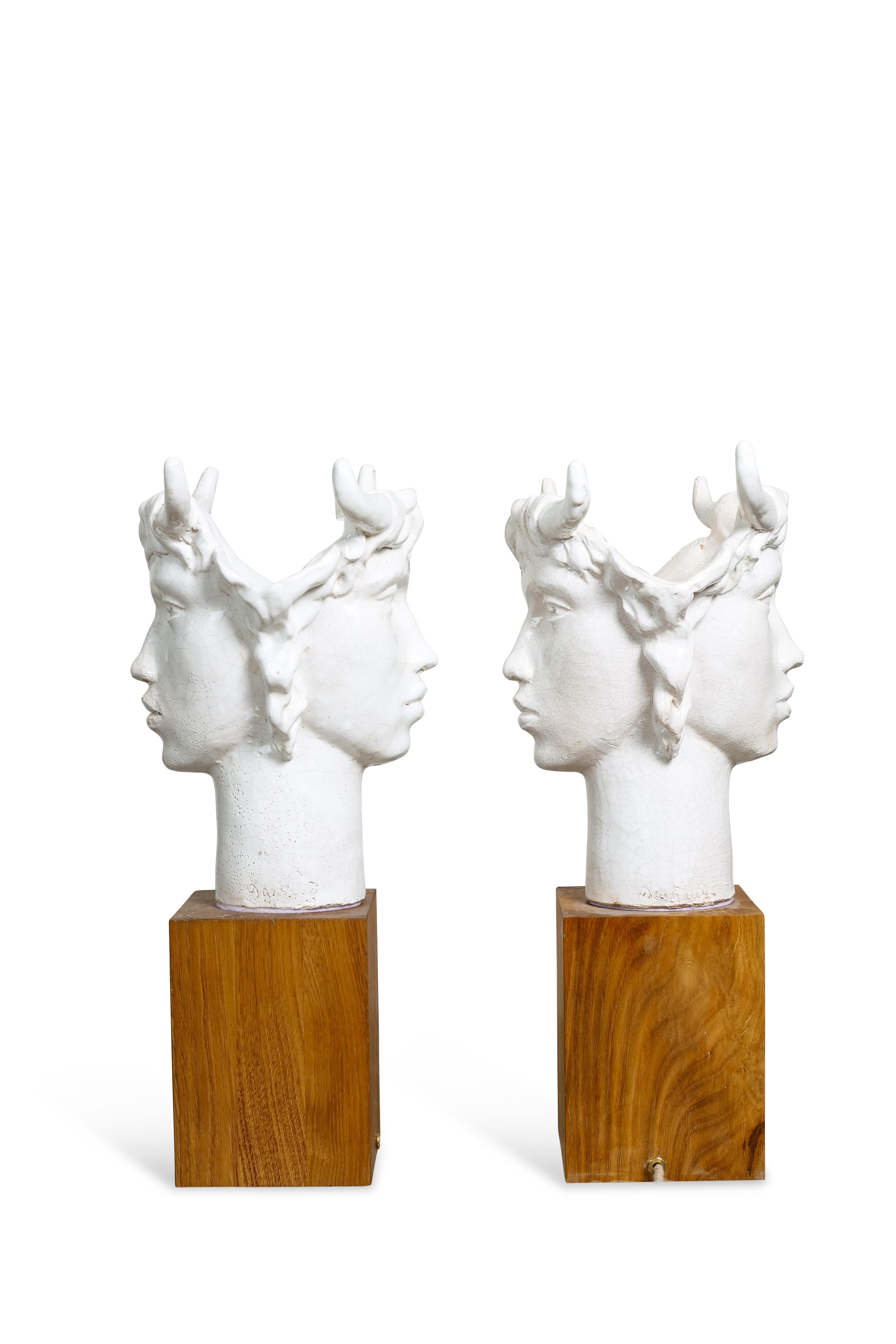 Contemporary Jacques Darbaud Spectacular Pair of Janus Ceramic Lamps For Sale