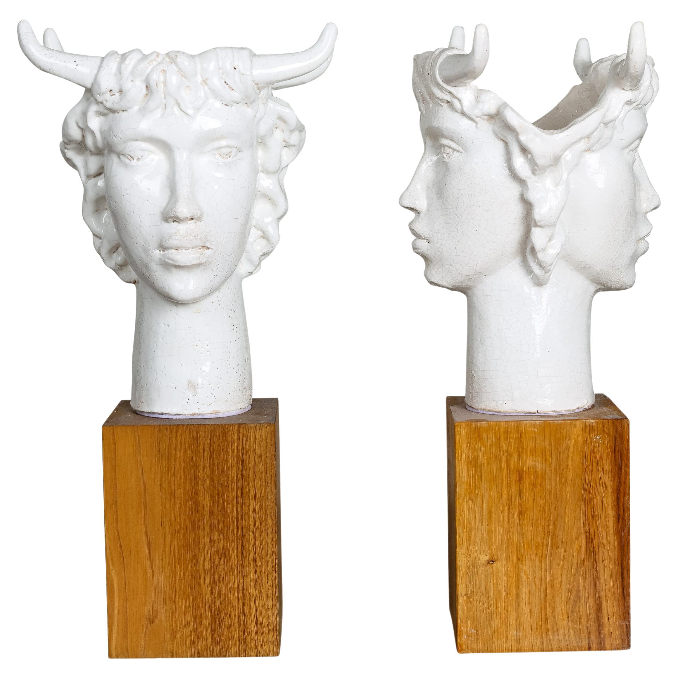 Jacques Darbaud Spectacular Pair of Janus Ceramic Lamps For Sale