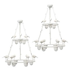 Jacques Darbaud Pair of Tall White Plaster Chandeliers