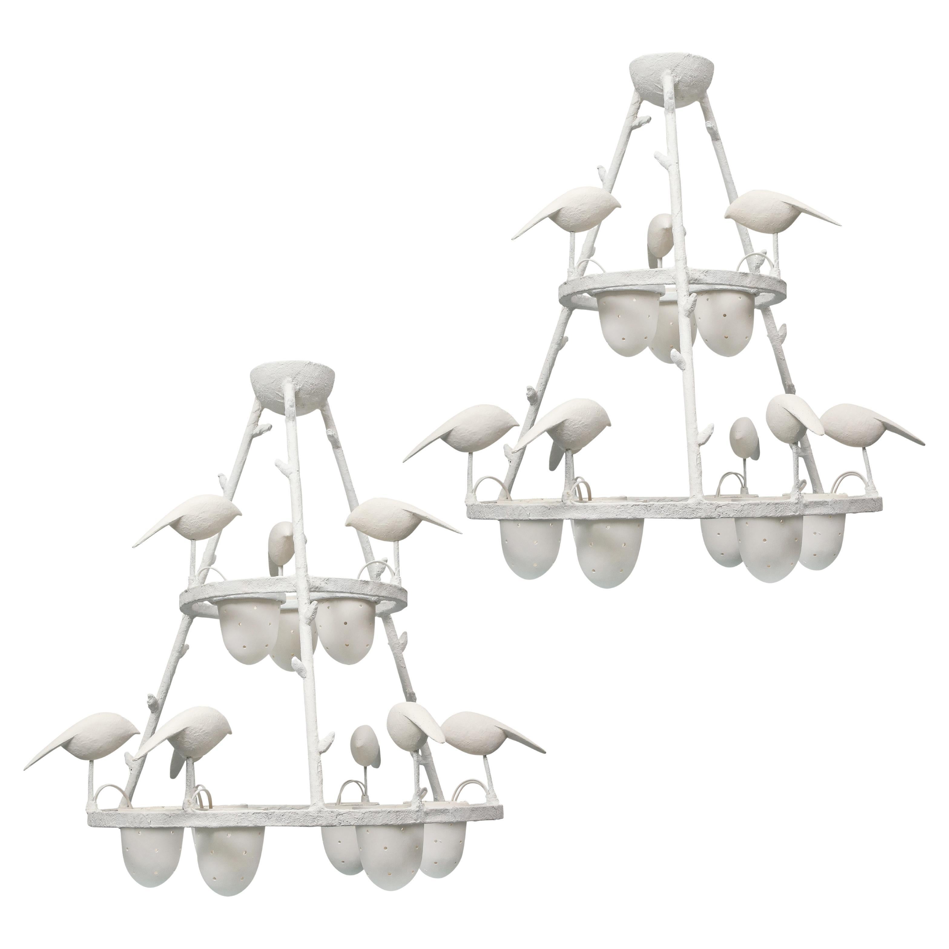 Jacques Darbaud Pair Of White Plaster Chandeliers