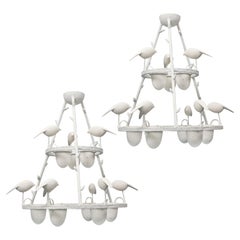 Jacques Darbaud Pair Of White Plaster Chandeliers