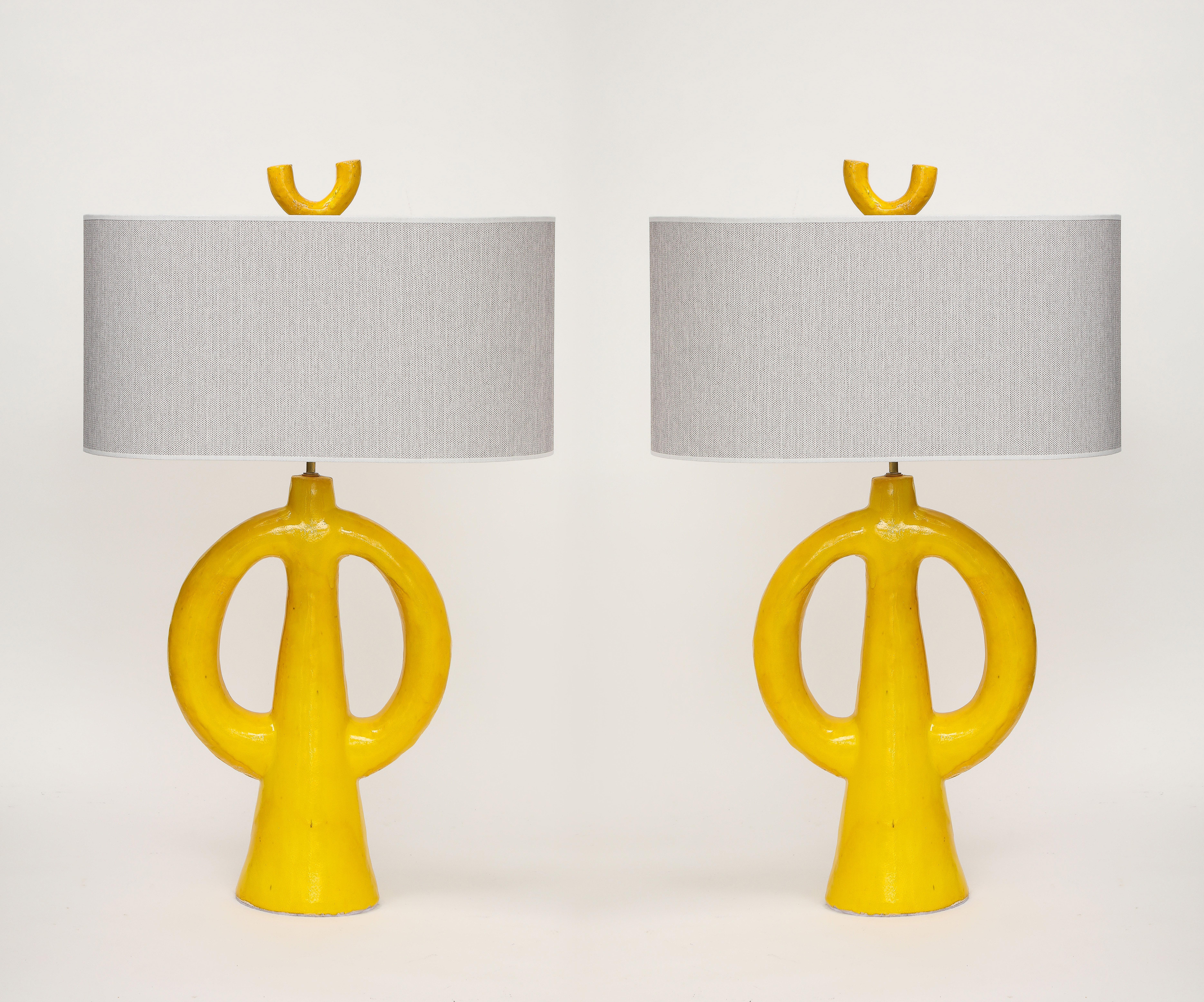 Jacques Darbaud Pair of Yellow Ceramic Table Lamps For Sale 3