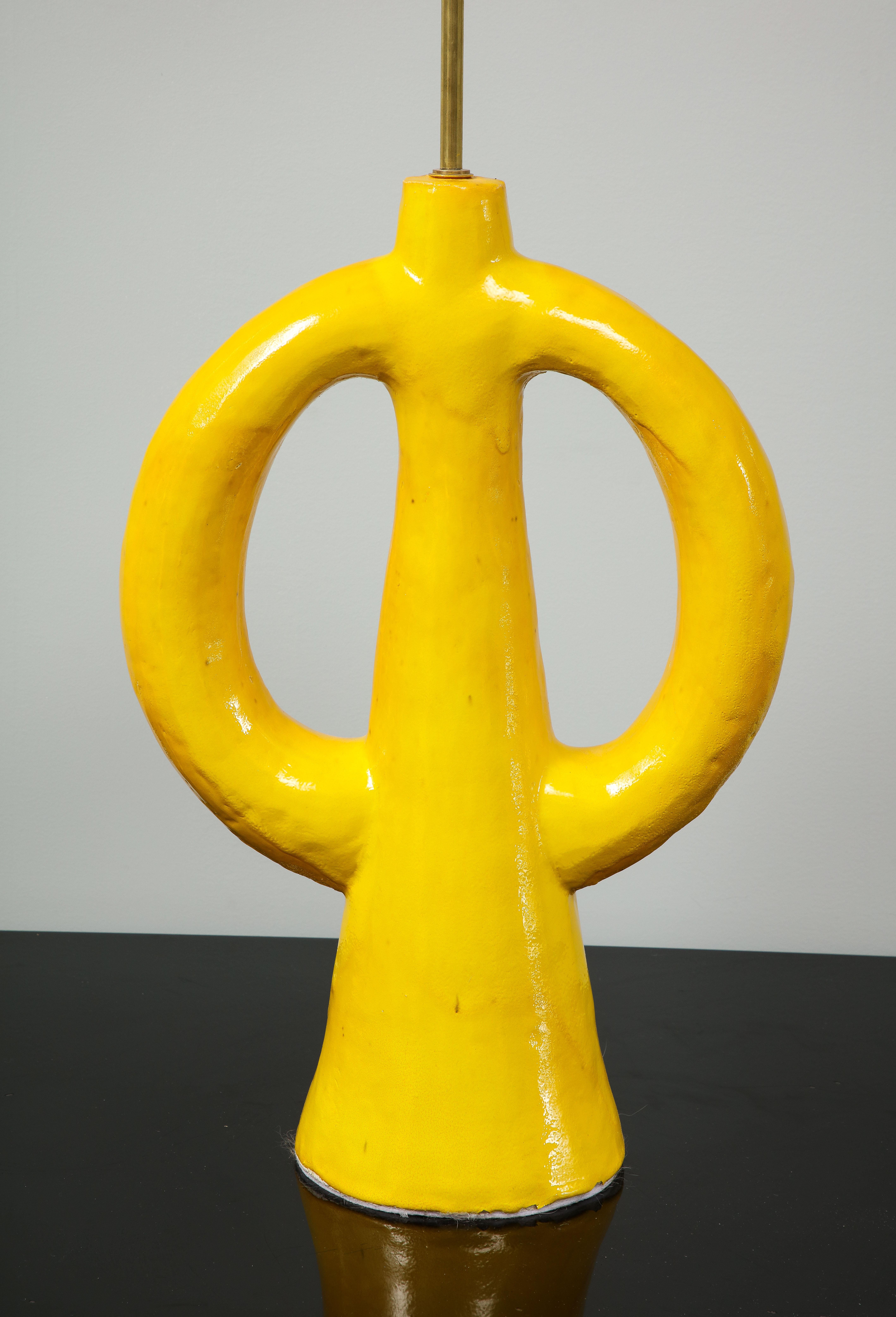 French Jacques Darbaud Tall Yellow Ceramic  Lamps For Sale
