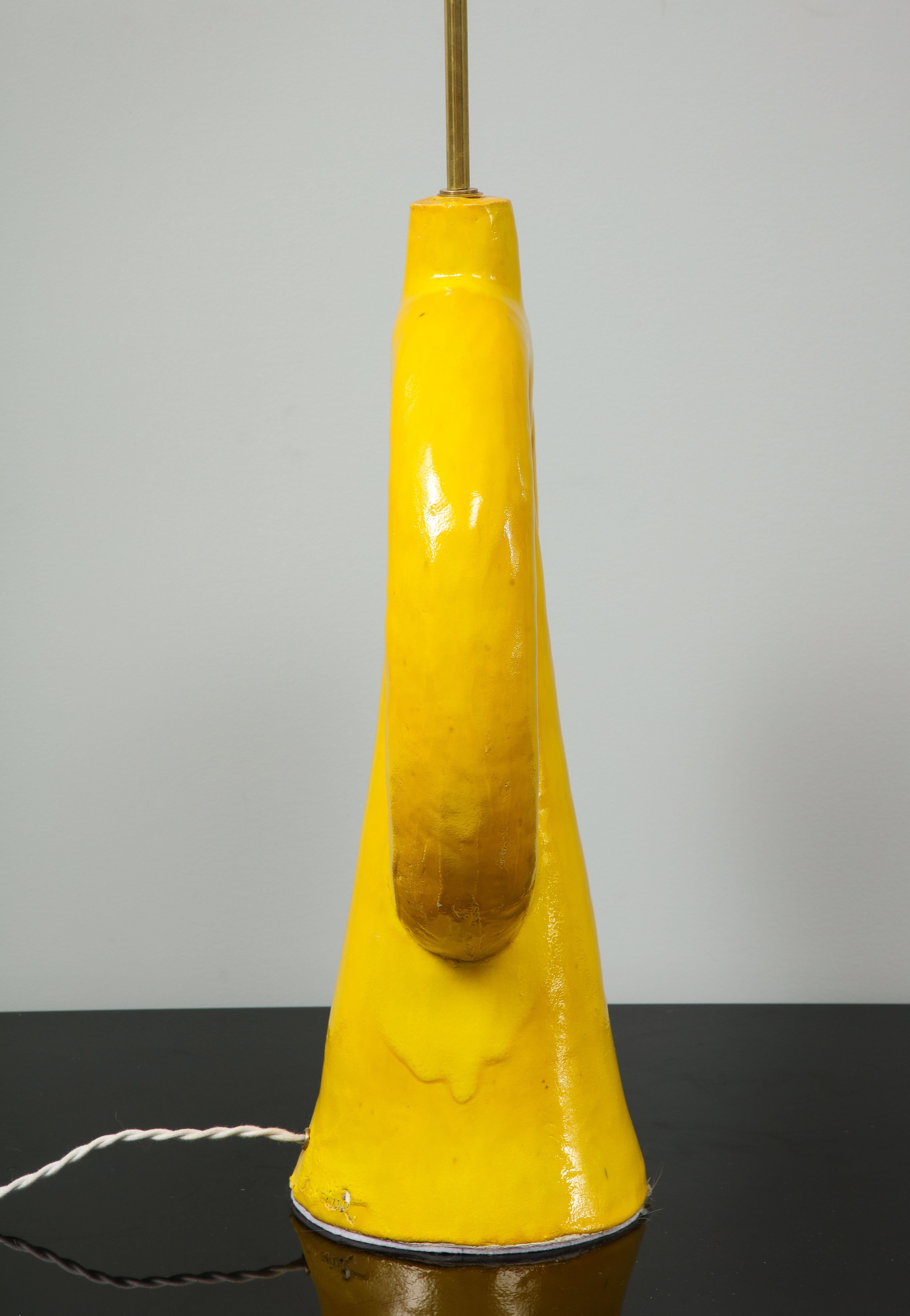 Jacques Darbaud Pair of Yellow Ceramic Table Lamps In Distressed Condition For Sale In Jersey City, NJ