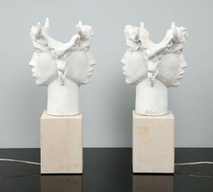 Jacques Darbaud Pair of Sculptural Janus White Ceramic Lamps